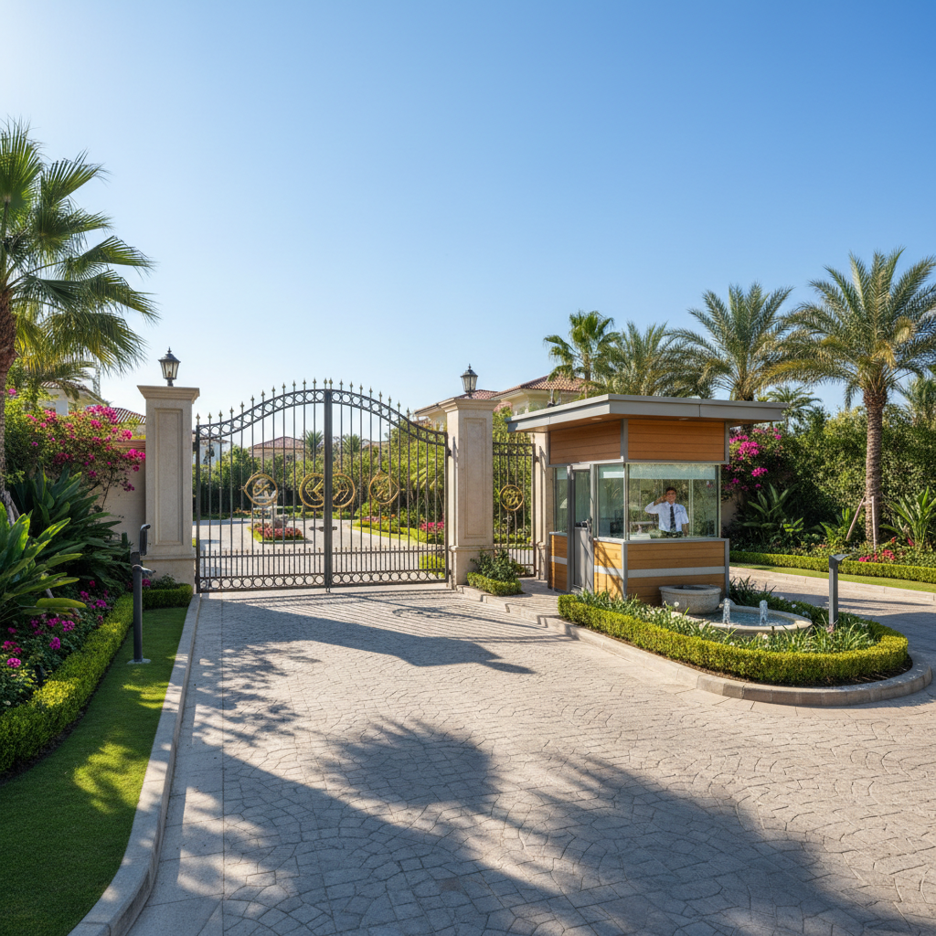 Gated community entrance with security cabin and landscaping in Hyderabad