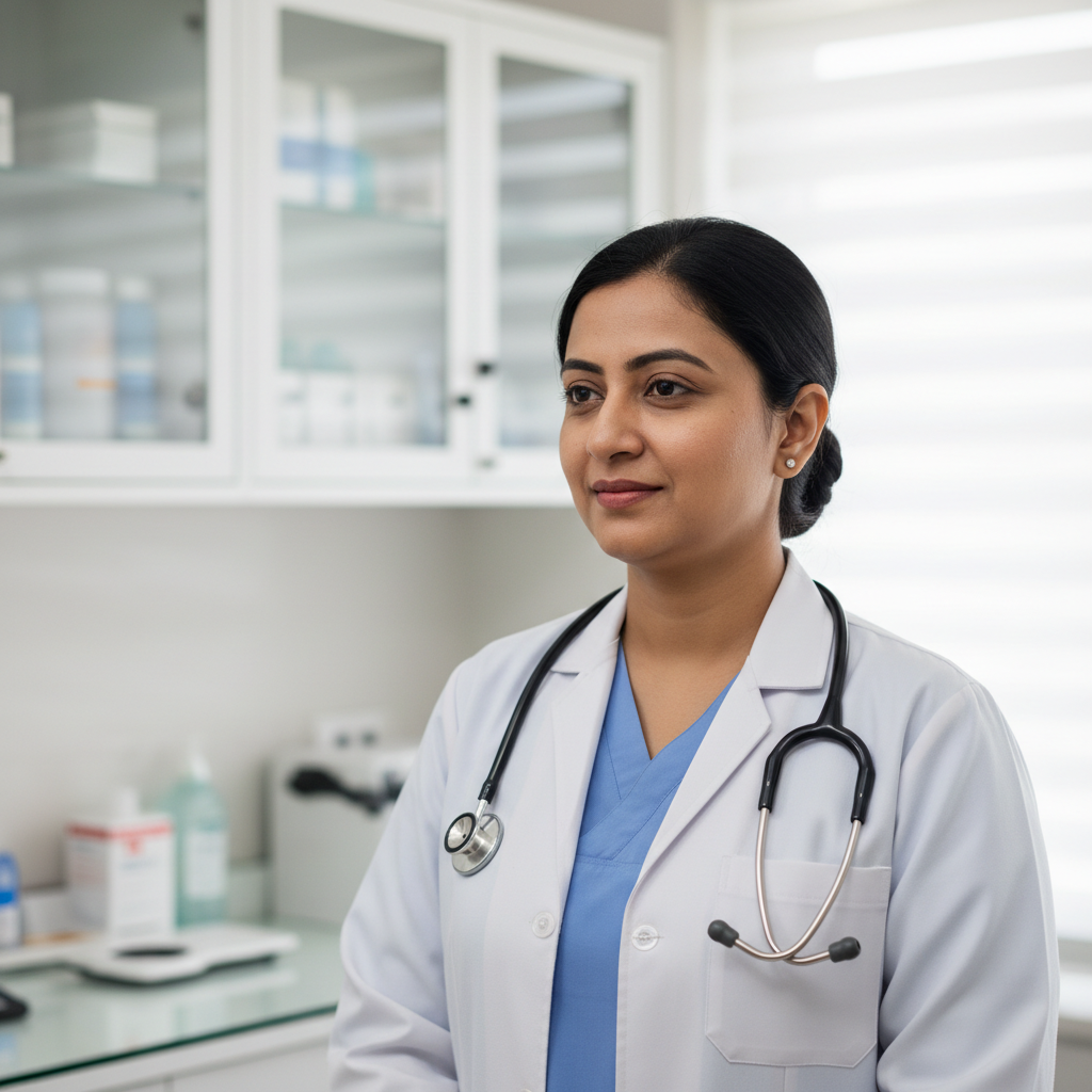 Indian female doctor in white coat with stethoscope, professional clinic setting
