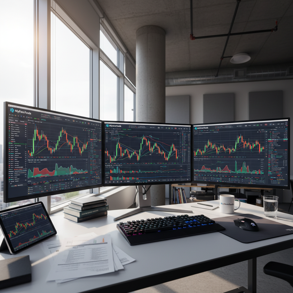 Financial charts and investment analysis displayed on multiple screens in a professional trading environment