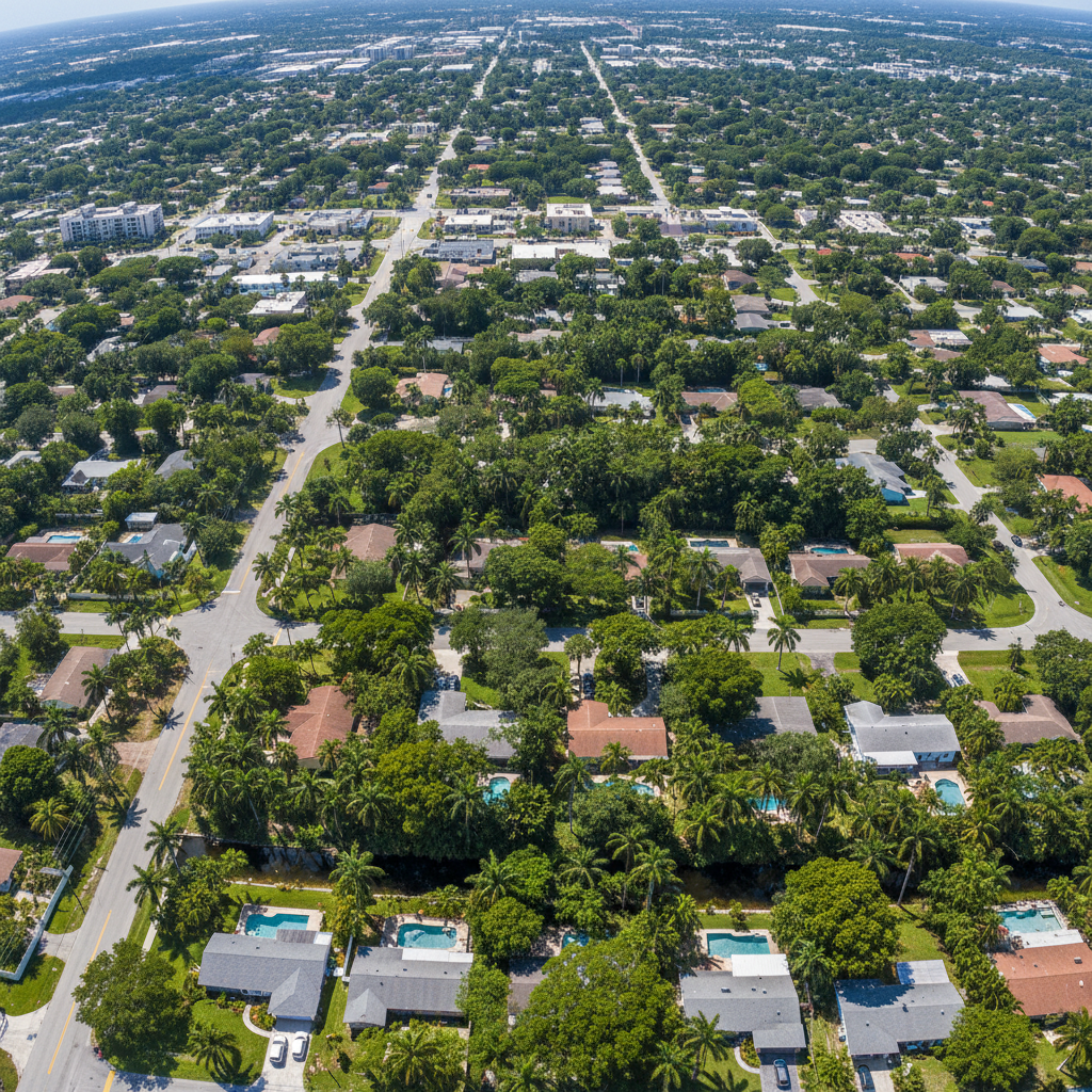 Aerial view of Wilton Manors Florida with lush greenery, streets and suburban neighborhood