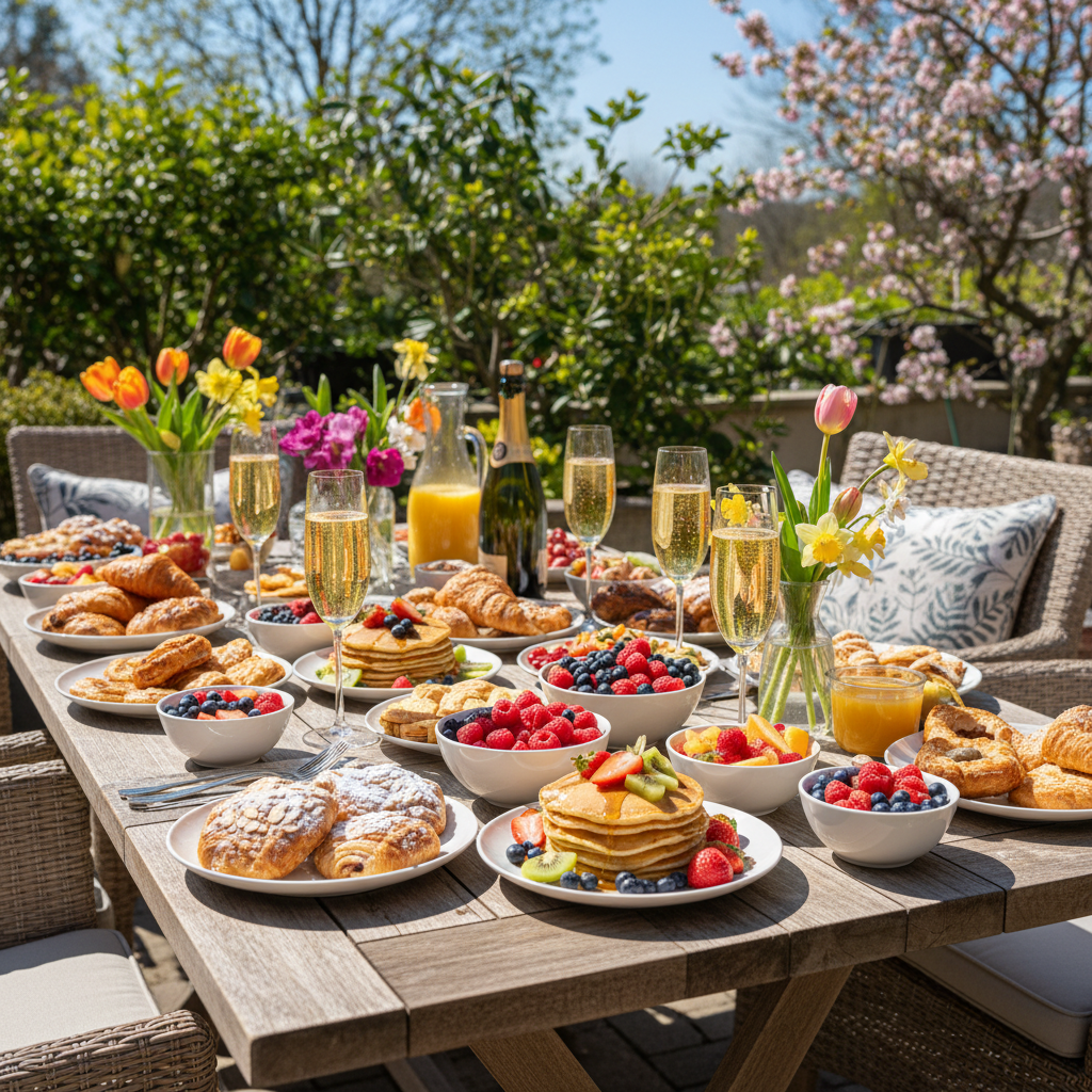 Colorful brunch spread with mimosas at a gay-friendly restaurant in Miami