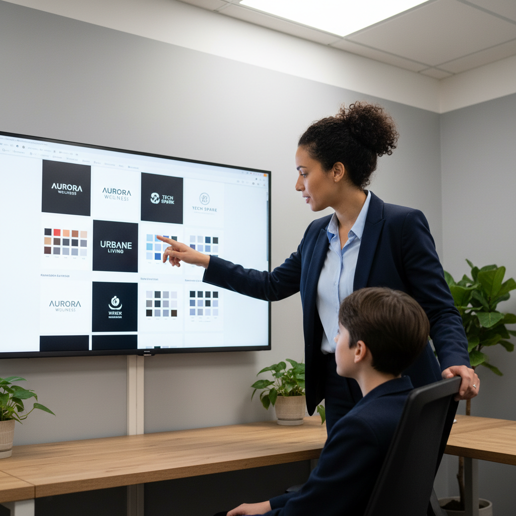 Instructor Simone Hartley pointing at a brand grid displayed on a large monitor during a one-on-one student review