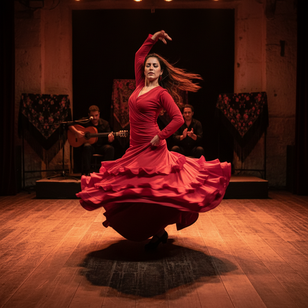 Flamenco dancer in red dress performing with dramatic stage lighting and motion blur