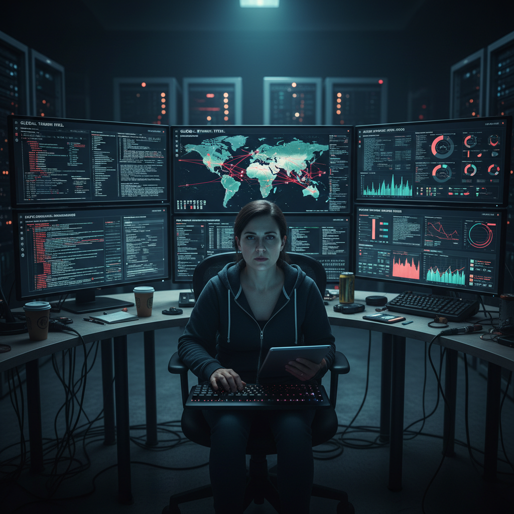 Cybersecurity analyst reviewing threat intelligence data feeds showing global threat actor activity and indicators of compromise