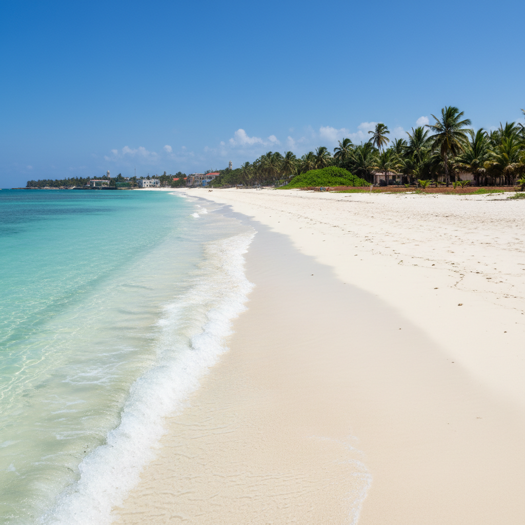 Pristine white sand beach with crystal clear turquoise water under bright tropical sunshine