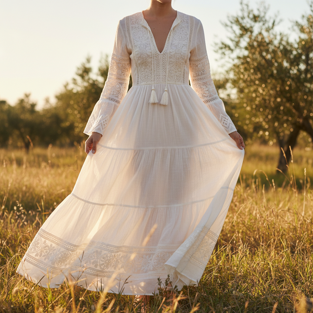 Woman wearing bohemian maxi romper, outdoor lifestyle fashion photography