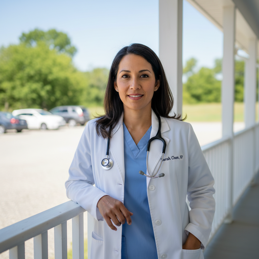 Nurse practitioner leaning against clinic porch railing with stethoscope, gravel parking lot visible in background