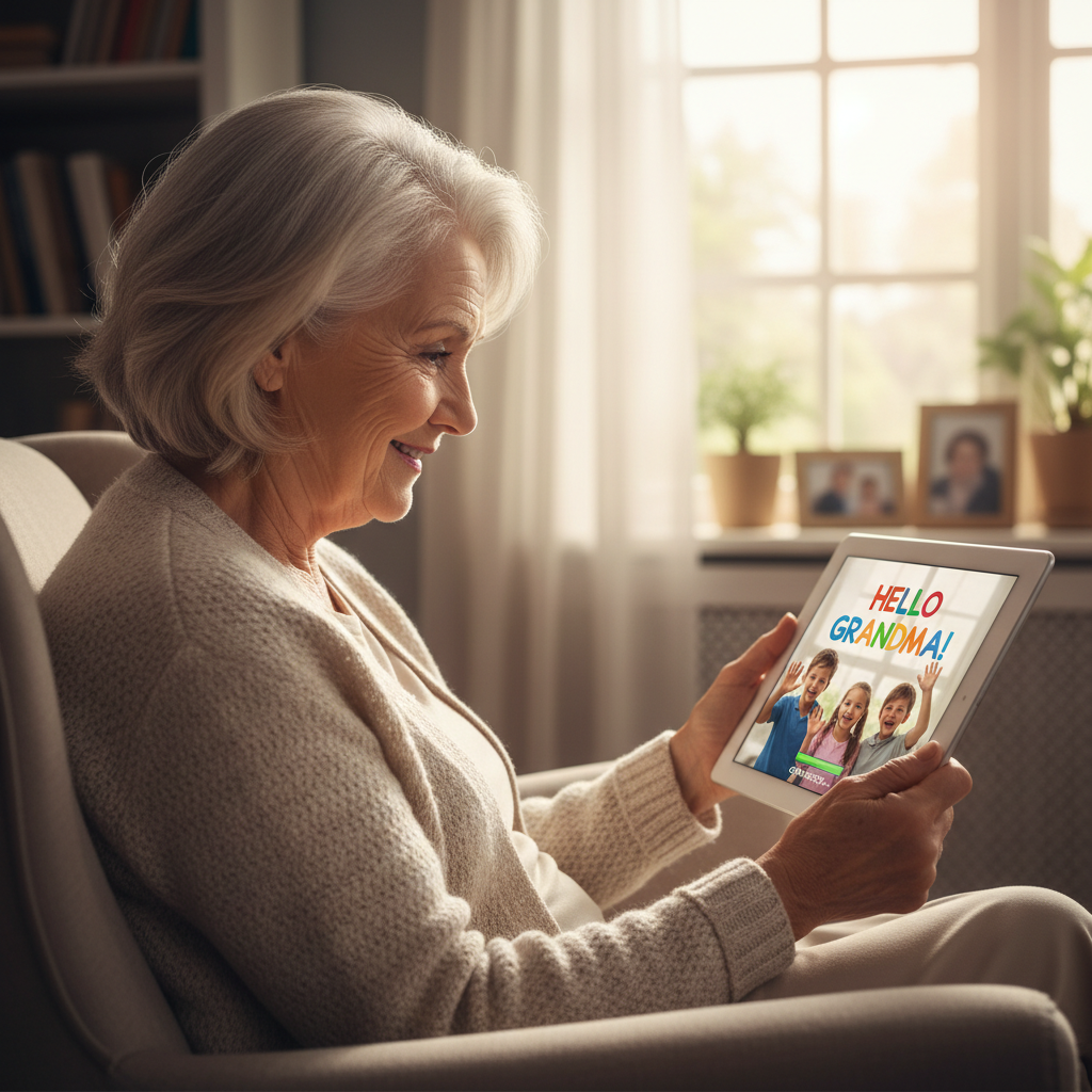 Grandmother learning video calls with grandchildren on a tablet