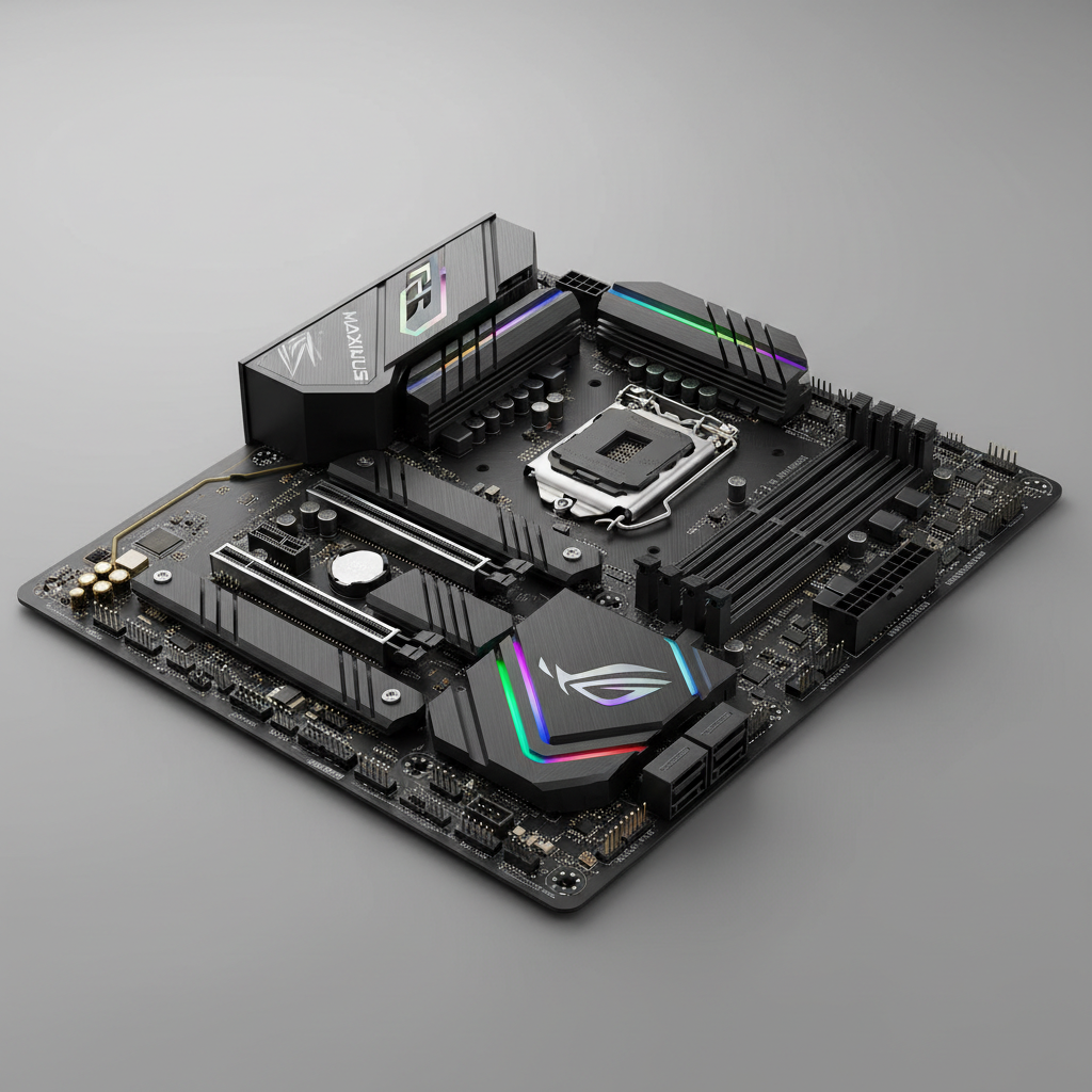 ASUS ROG motherboard with RGB lighting on dark background, intricate PCB circuit traces