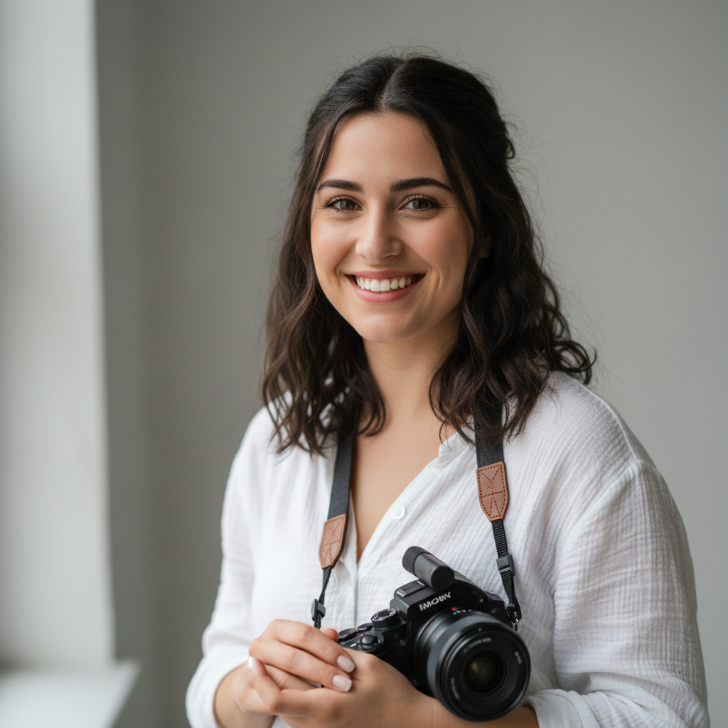 Female photographer with dark hair in casual portrait