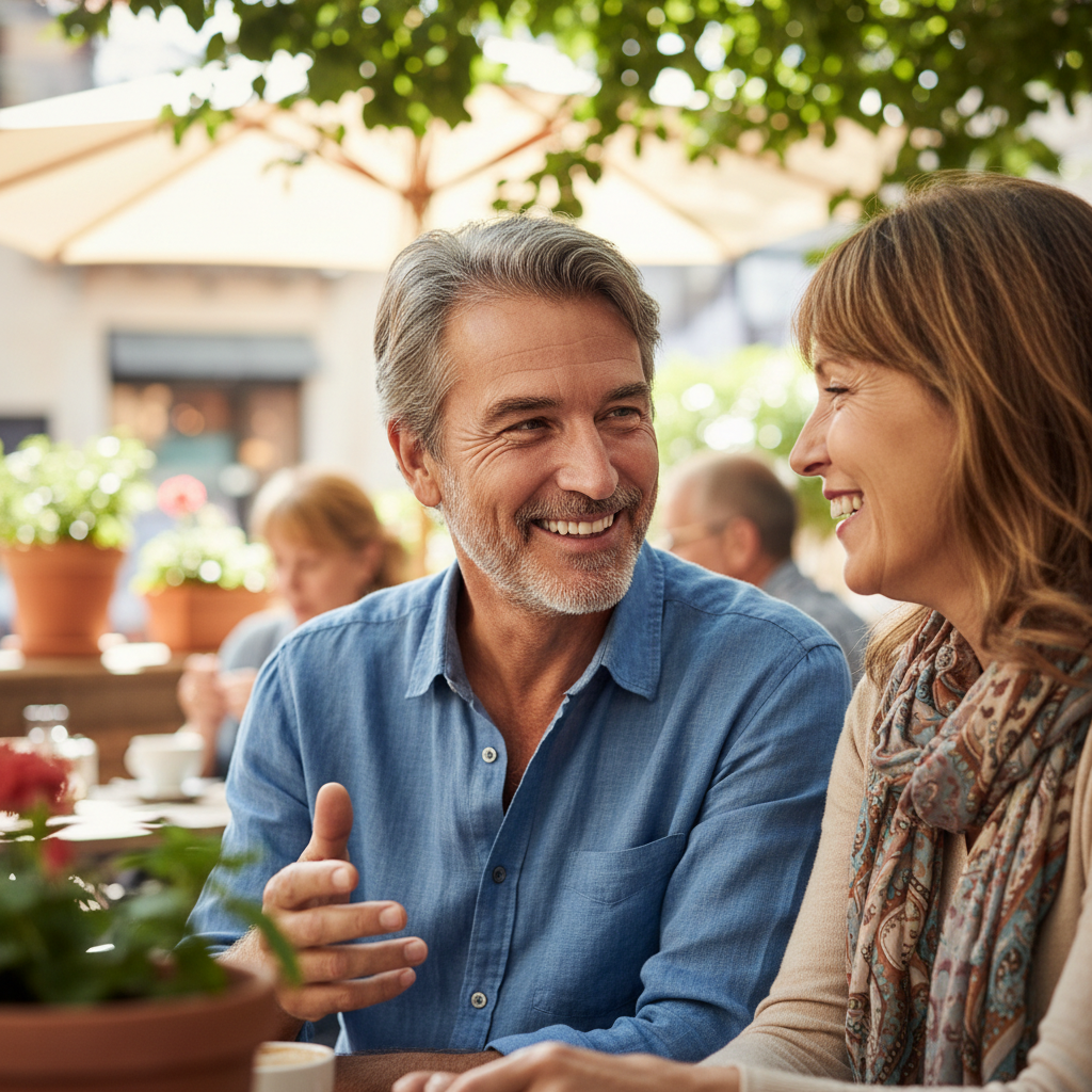Two people in their 50s smiling warmly, engaged in conversation at a community gathering