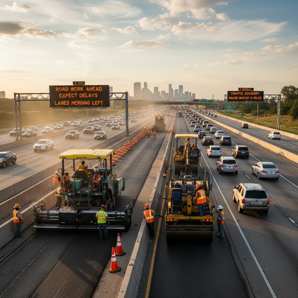 Highway construction project with heavy equipment, workers and concrete work, daylight construction scene