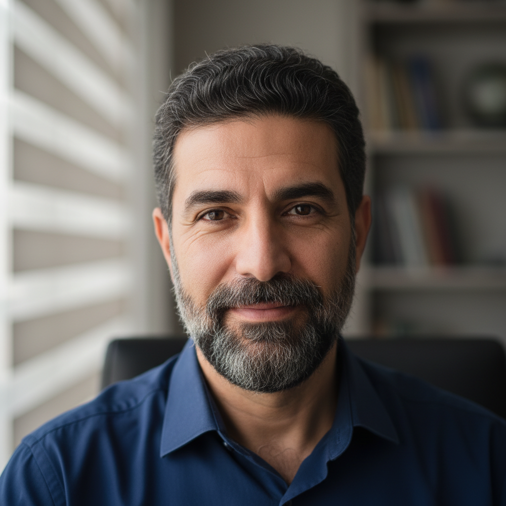 پرتره مرد میانسال ایرانی با عینک و پیراهن سفید