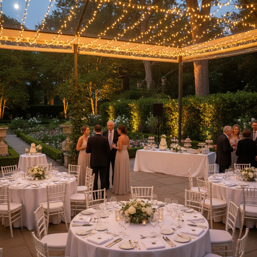 Elegant outdoor evening gala with string lights, round tables set with linen, guests in garden-formal attire gathered in warm conversation under a pavilion