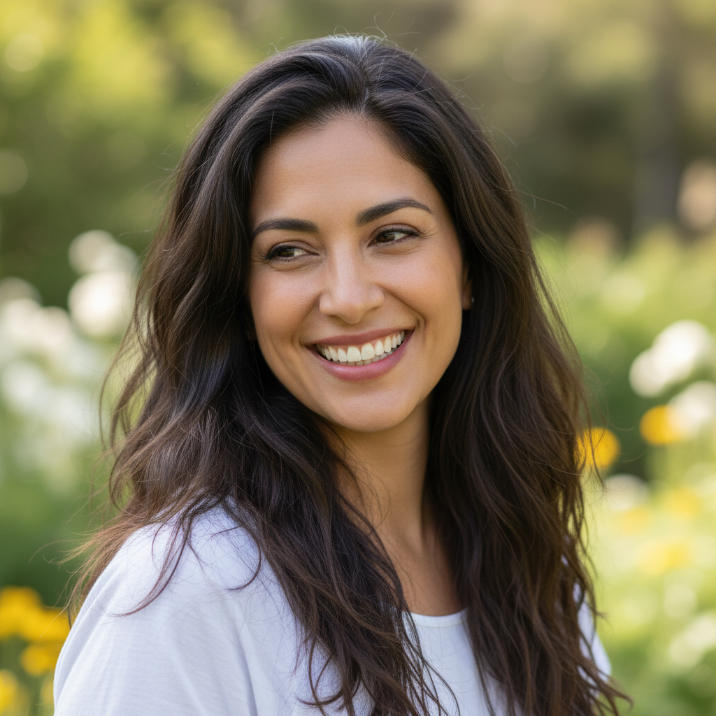 Hispanic woman with long dark hair wearing white top smiling peacefully outdoors