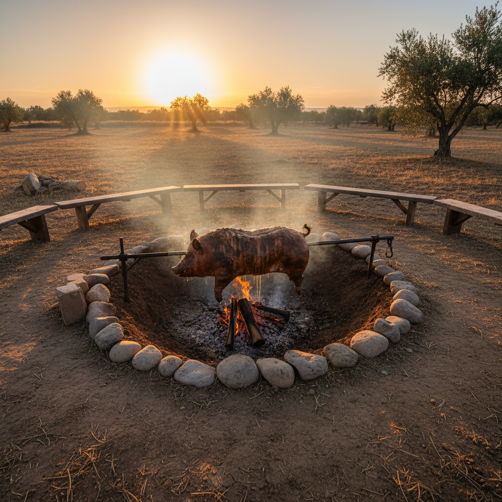 Whole hog roasting over open fire pit dug in the ground at sunset