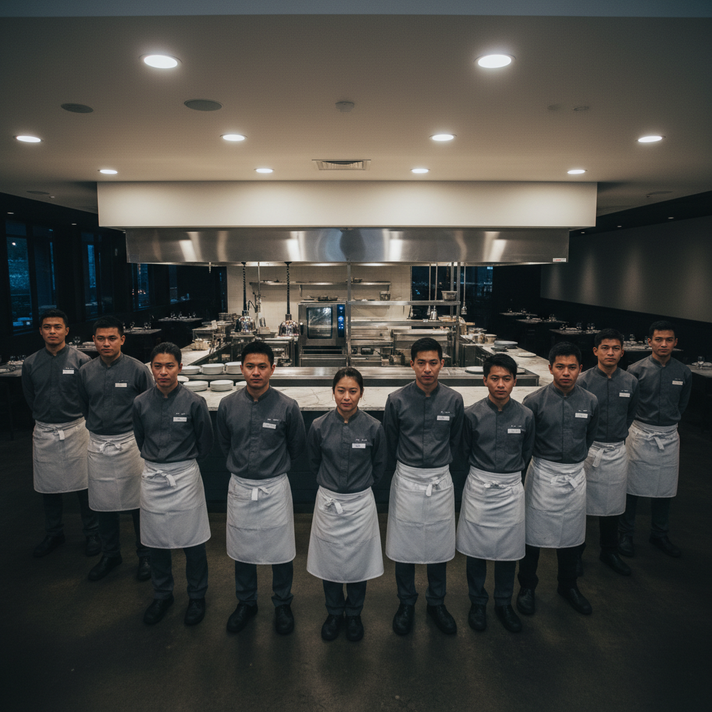 Restaurant staff in pressed charcoal uniforms lined up for opening night service