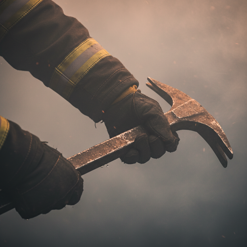 Firefighter gripping halligan bar with gloved hands in fireground smoke