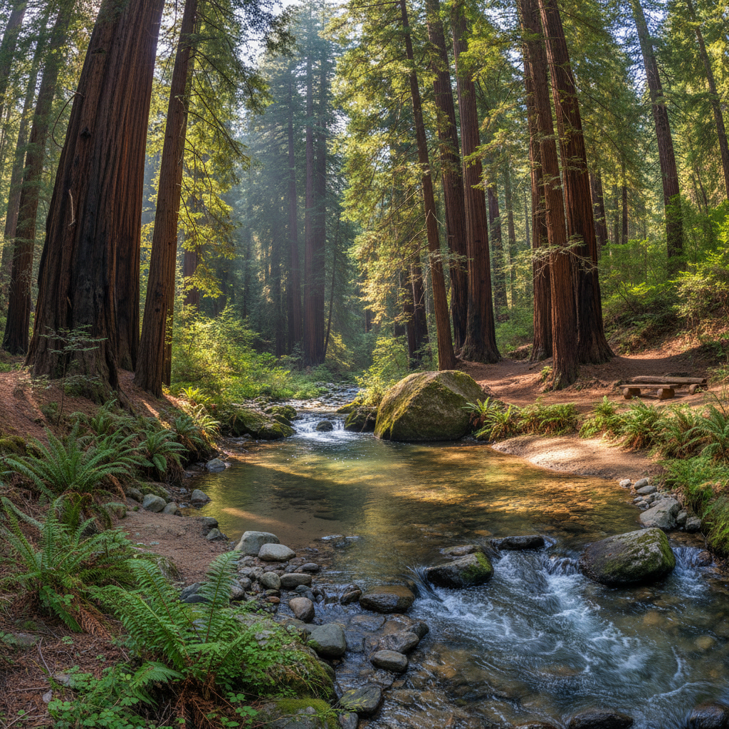 Creek swimming area surrounded by redwood forest
