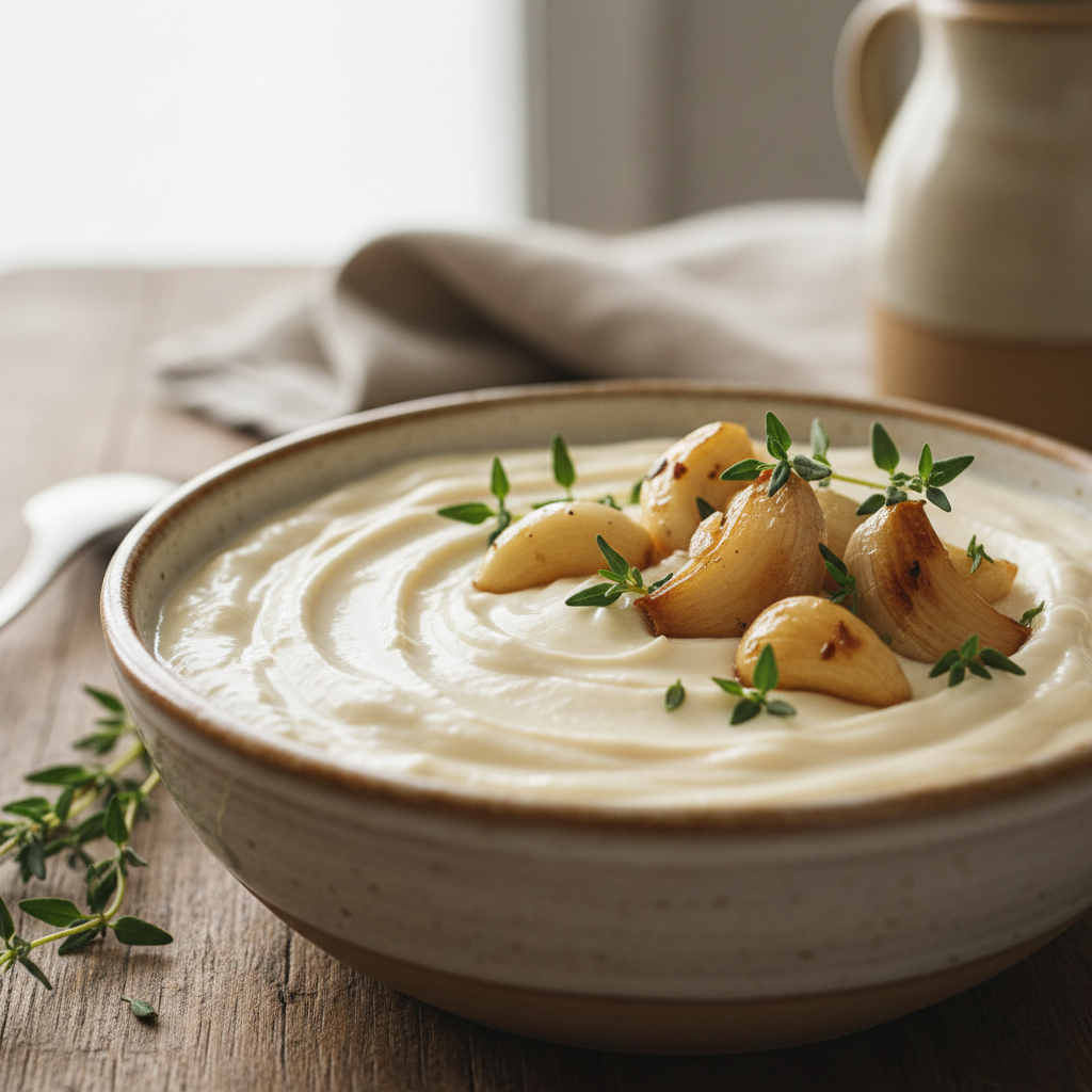 Smooth cashew cream in a ceramic bowl garnished with roasted garlic cloves and fresh thyme sprigs on a marble surface