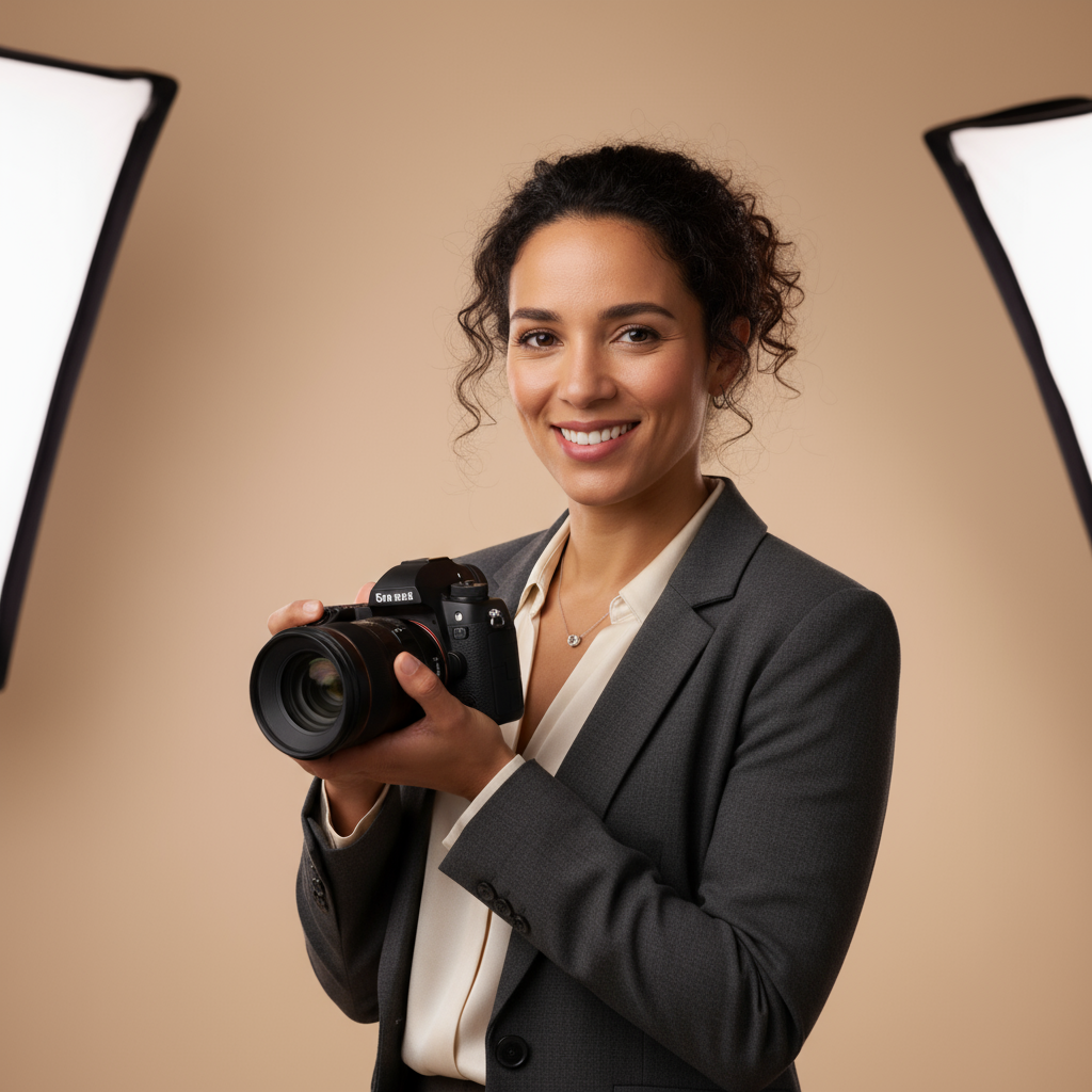 Professional woman smiling, warm neutral studio lighting