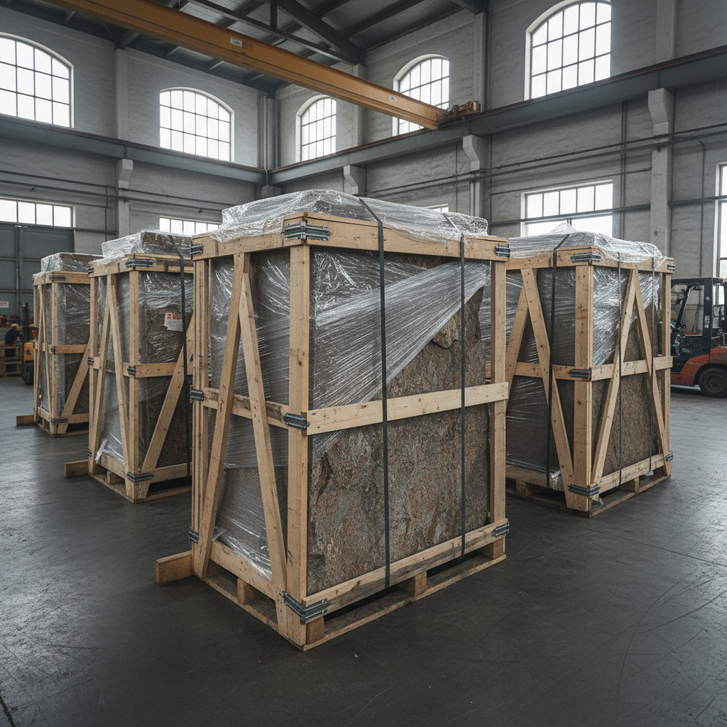 Wrapped stone slabs in A-frame shipping crates in warehouse