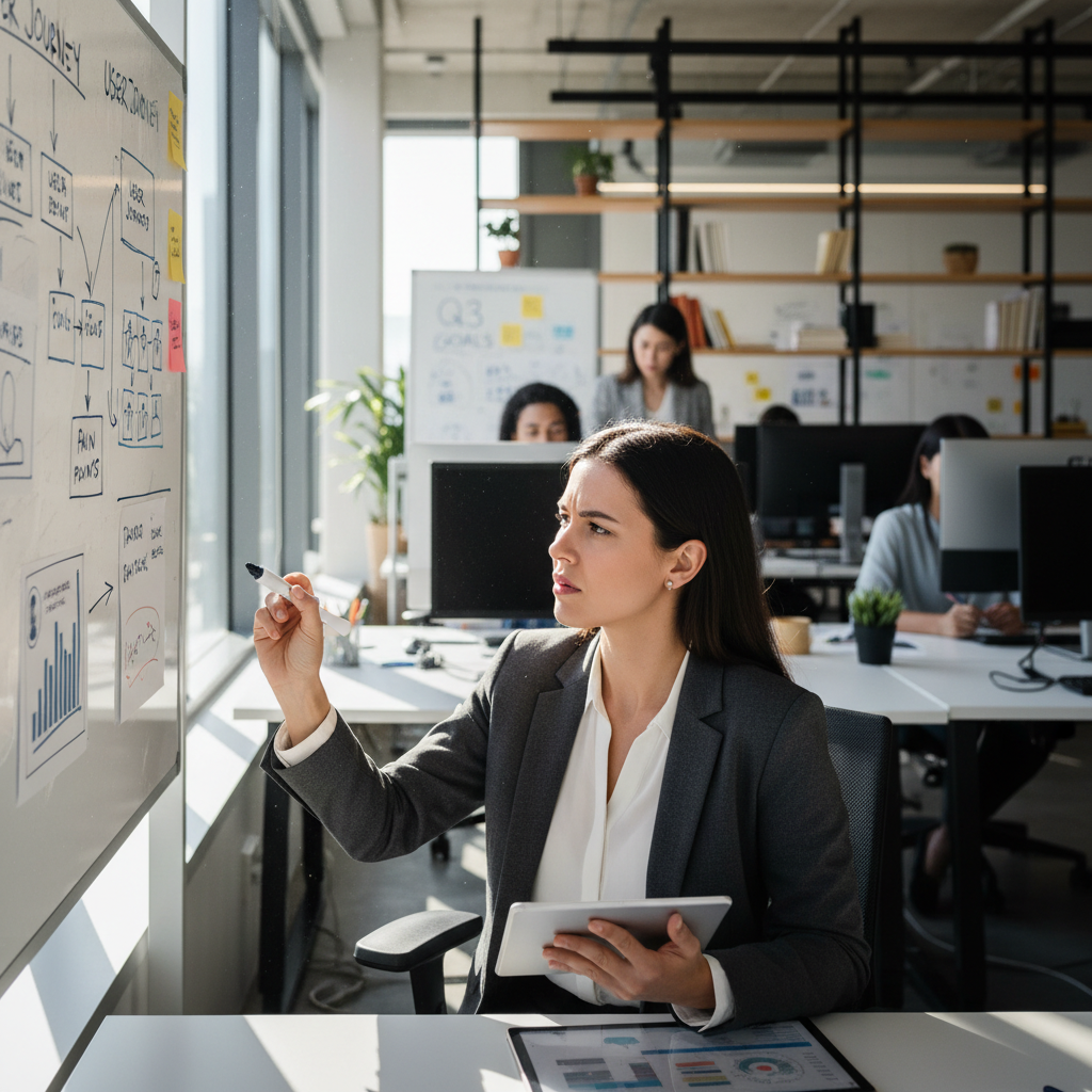 Person writing on a whiteboard with clear structured notes, bright modern office, organized workspace