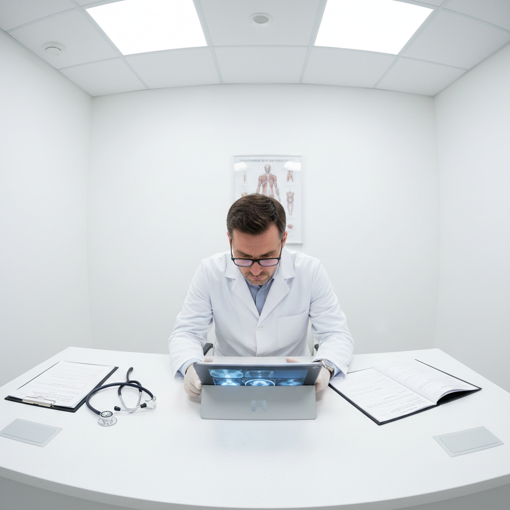 Medical professional reviewing photos on a clean white desk with minimal equipment