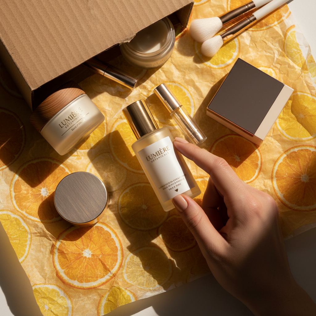Overhead flat-lay of luxury beauty products spilling from a parcel onto crinkled citrus tissue paper — a hand reaches in to touch a sealed serum bottle