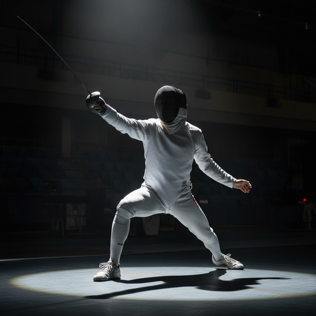 Sabre fencer in full attack position, blade raised
