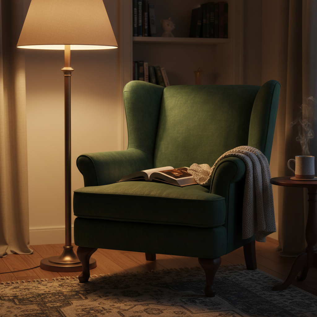 Sculptural arc floor lamp in brushed gold next to a velvet armchair in a warm-toned reading corner