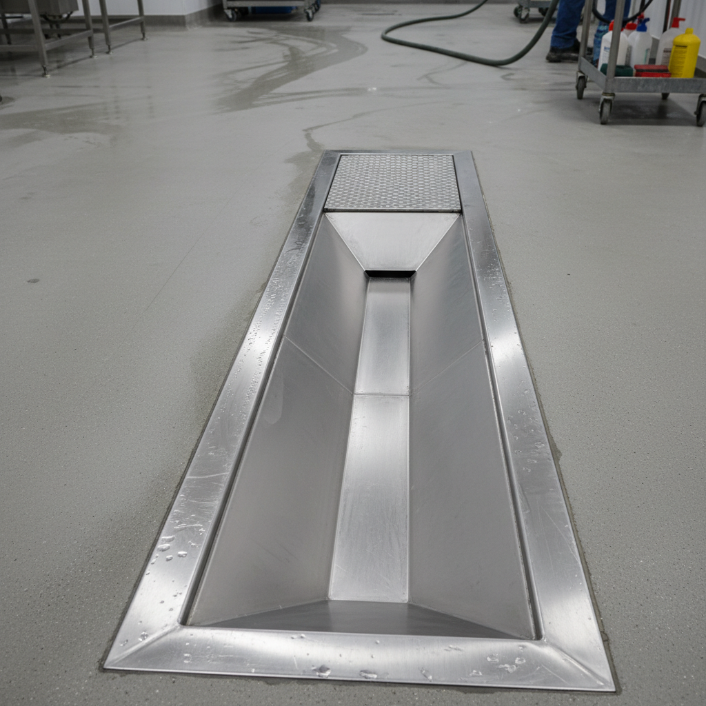 After: Polished stainless drain trench, dry graded channel after professional sanitation crew