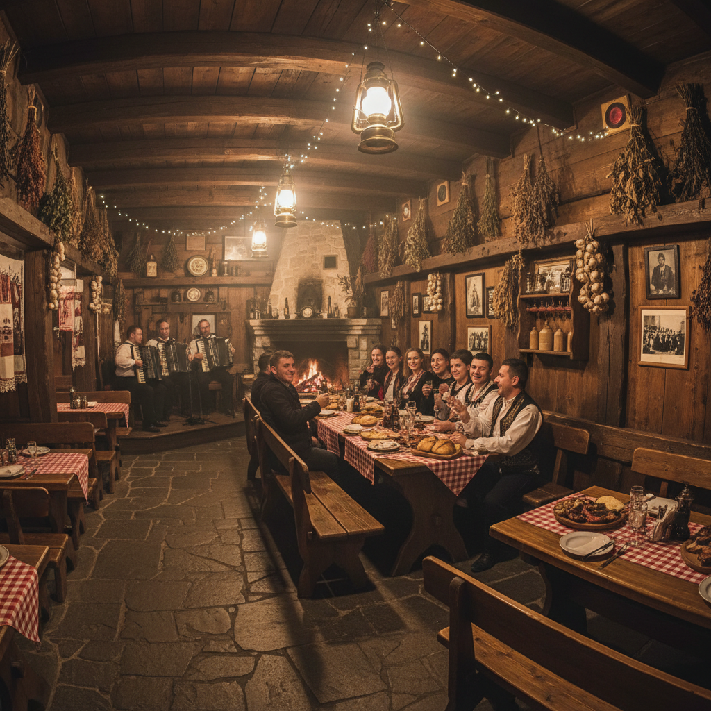 Happy guests enjoying traditional Bosnian food at a restaurant table, warm and welcoming atmosphere