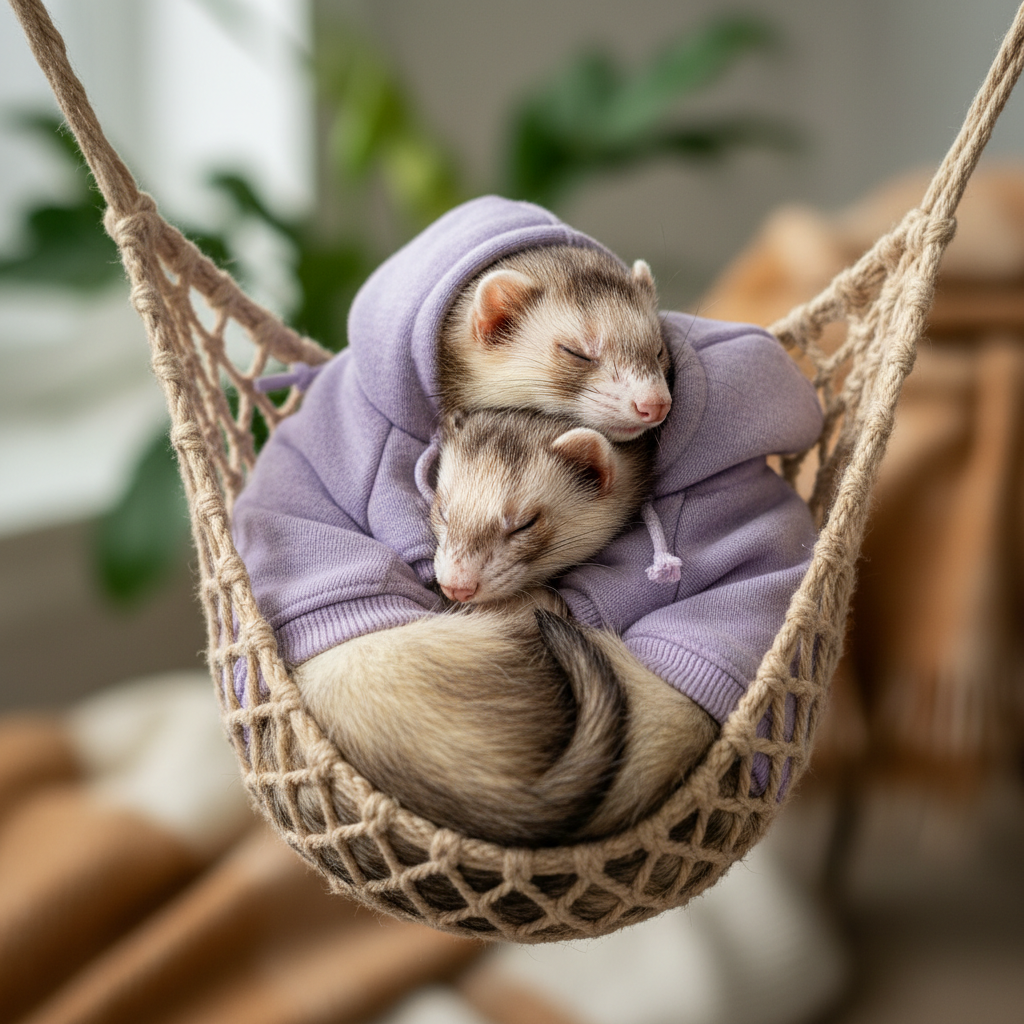 Two ferrets curled together wearing tiny matching lavender hoodies in a hammock