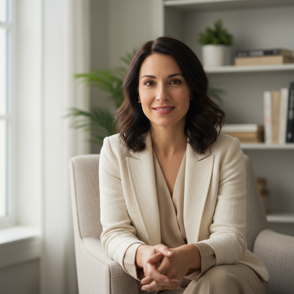 Smiling woman founder in a cream blazer standing in a bright cafe