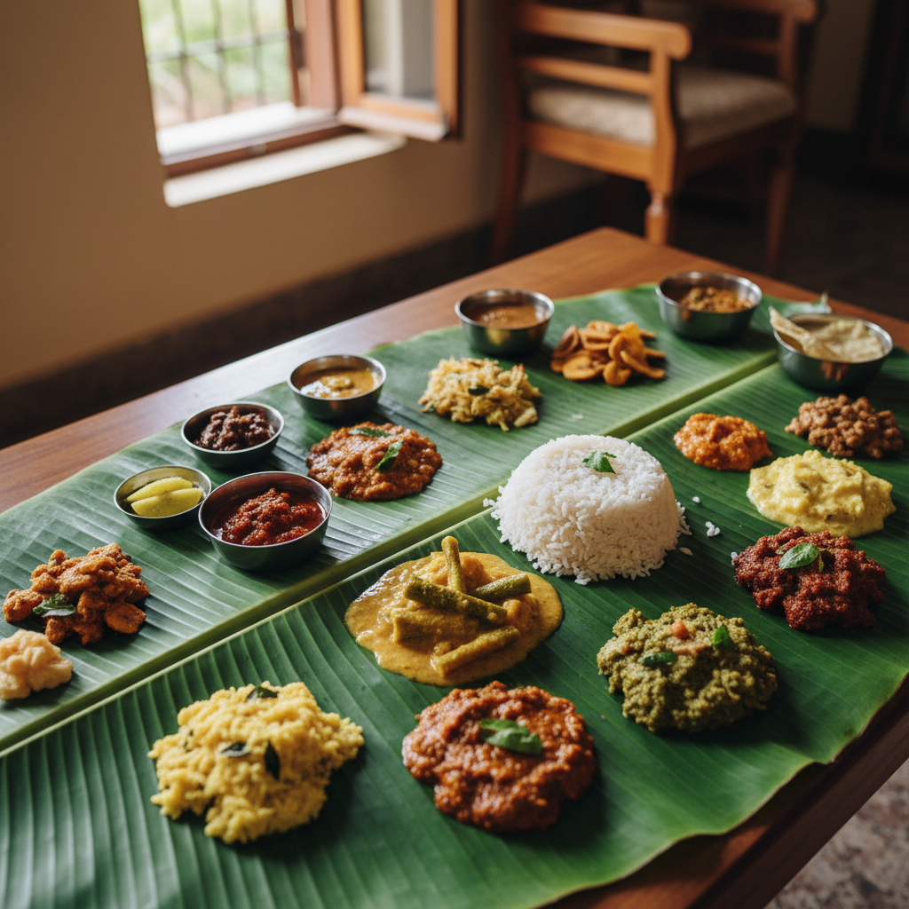 Kerala sadhya — elaborate vegetarian feast with over 20 dishes including rice, sambar, avial, thoran, pickles and payasam served on a fresh green banana leaf