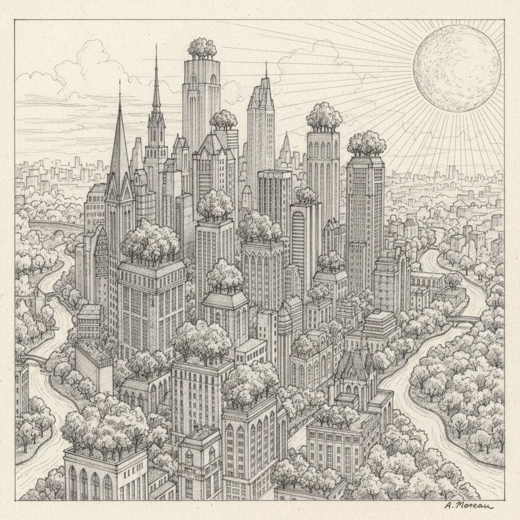 Detailed pencil drawing of a cityscape with buildings, trees, and a large sun in the corner