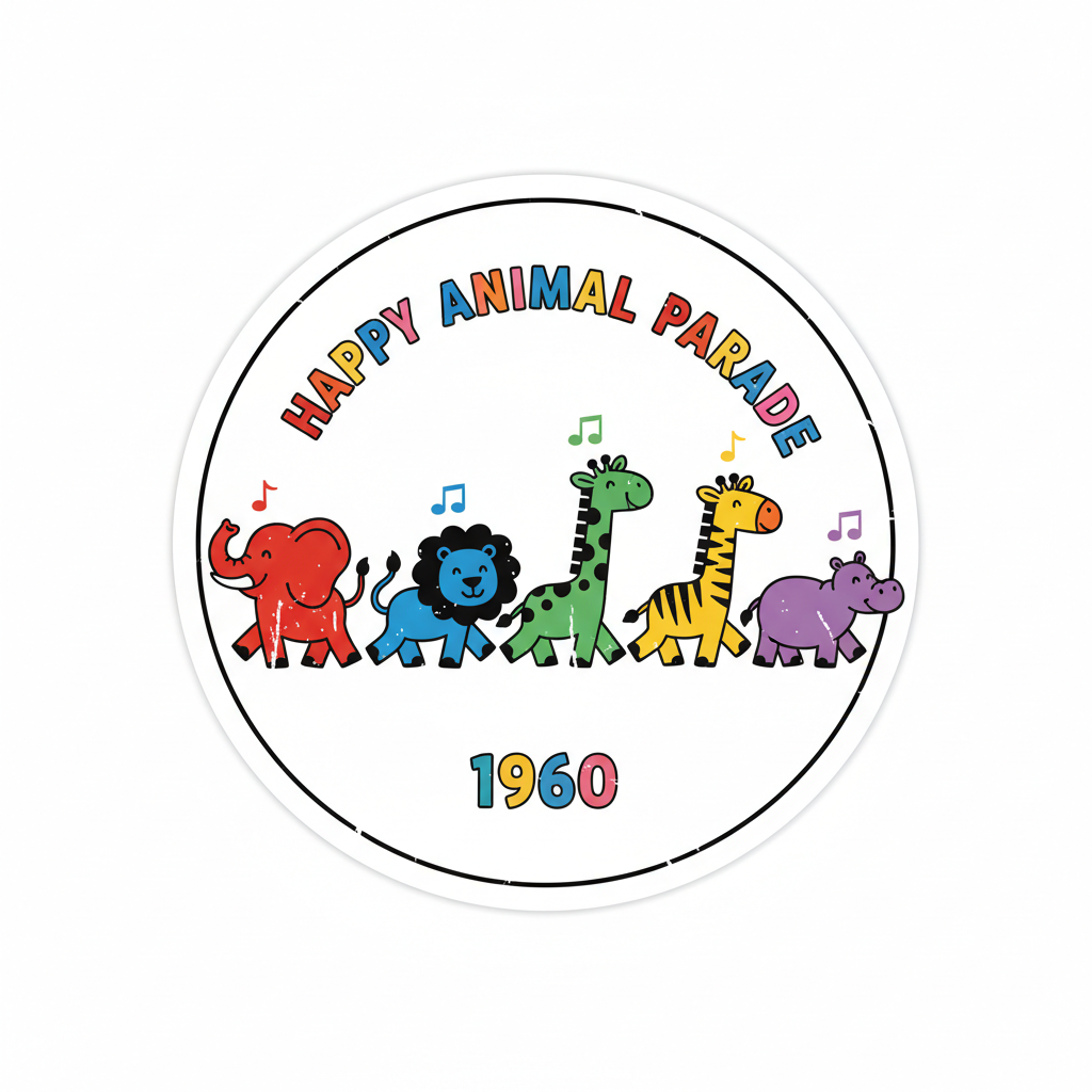 Stamp art showing a parade of colorful animals stamped in a row on white paper