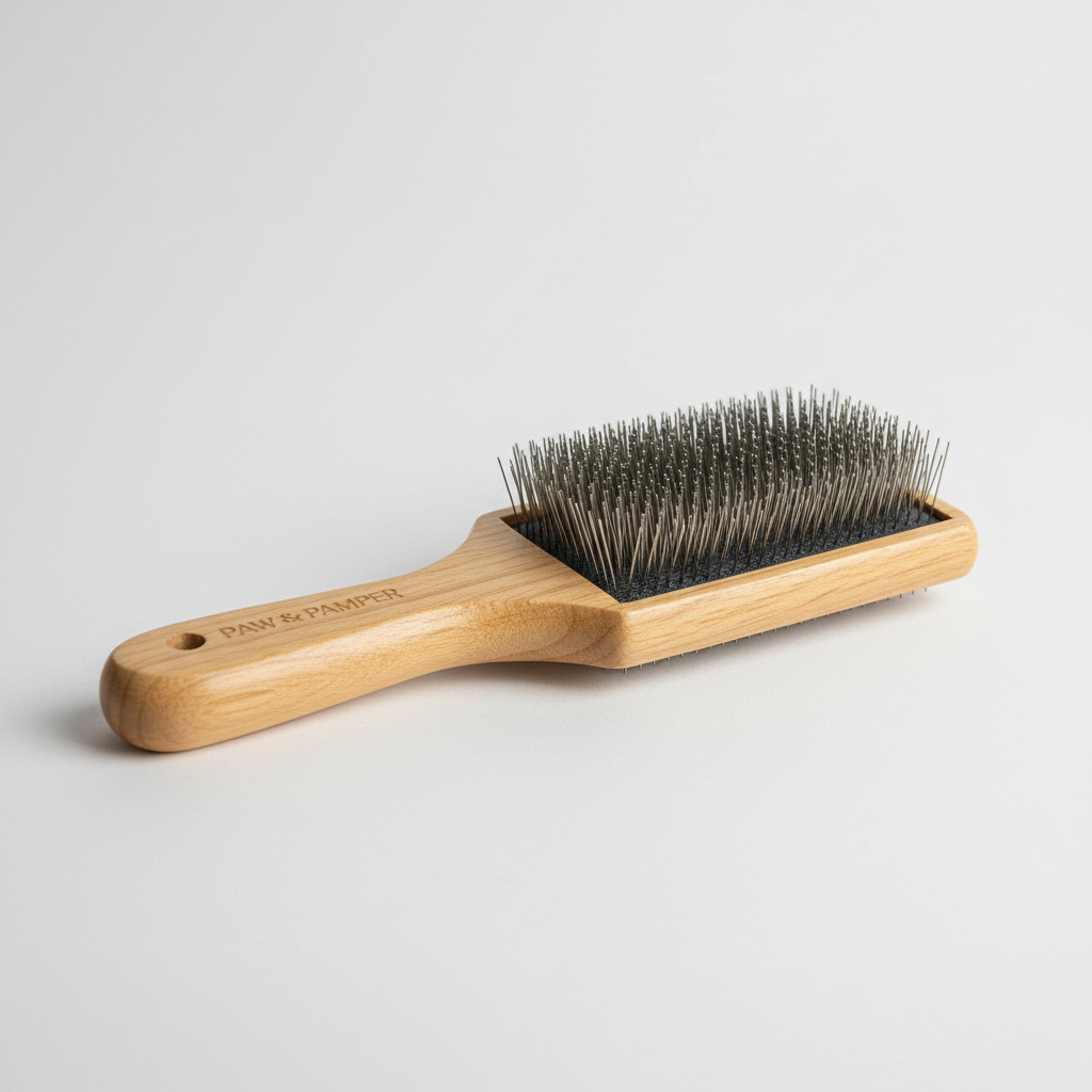Professional dog grooming slicker brush with wooden handle and fine pin bristles