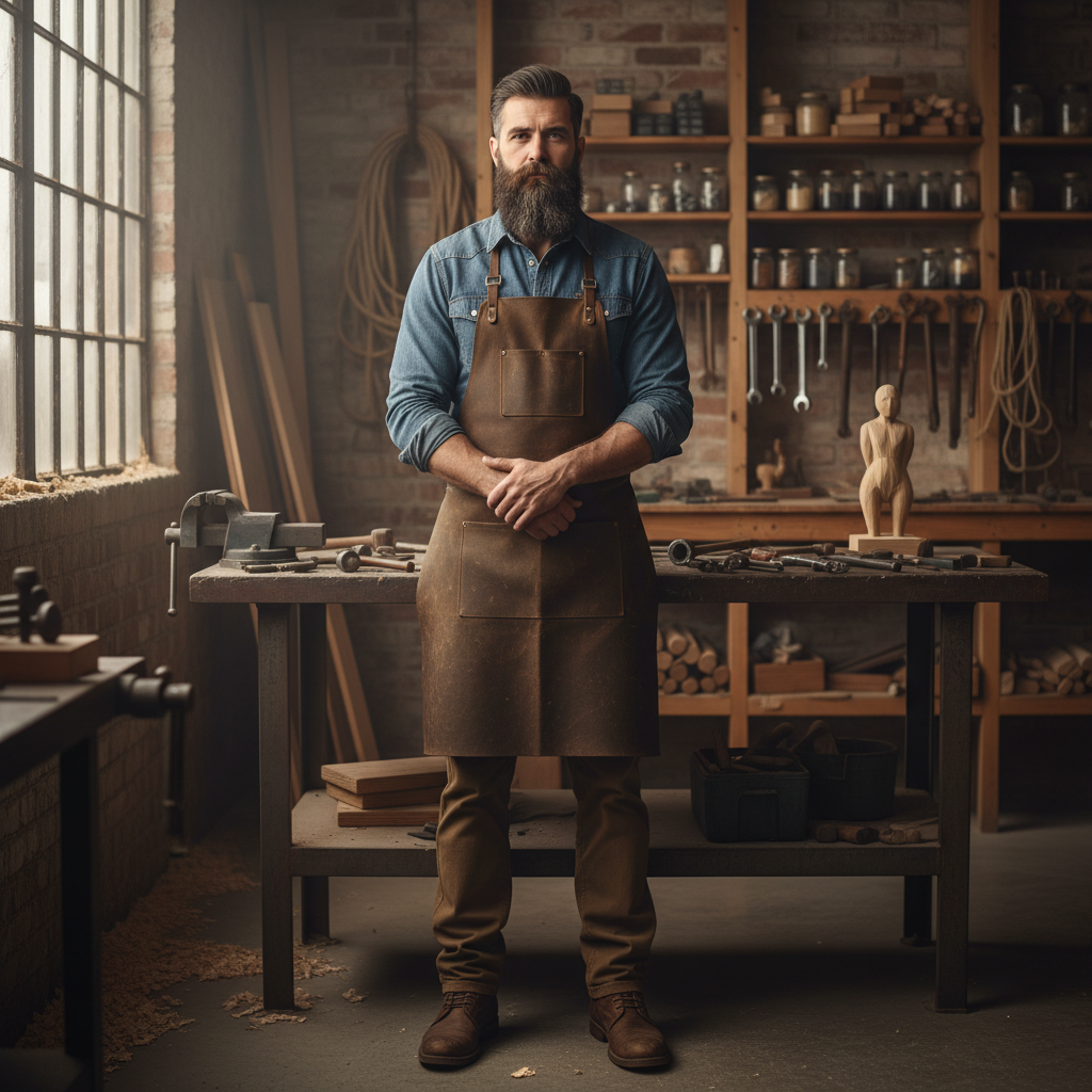 Declan Fogarty, man in his 30s with dark beard, direct gaze, workshop background