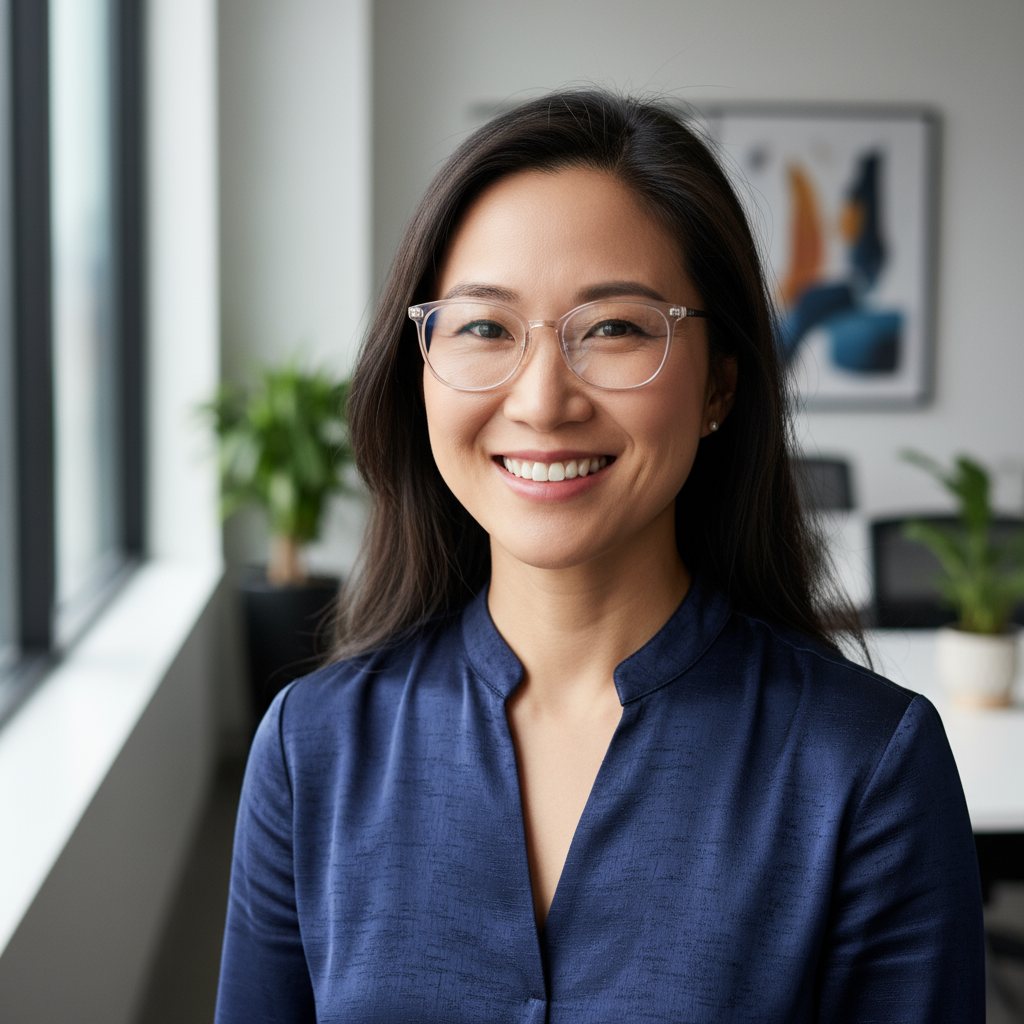 Filipino professional smiling and working on a laptop in a bright modern workspace