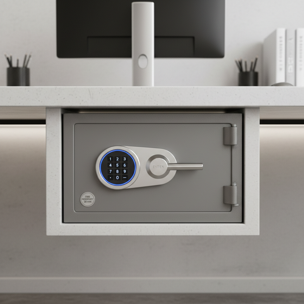 Digital electronic safe with keypad in office, bright clean environment