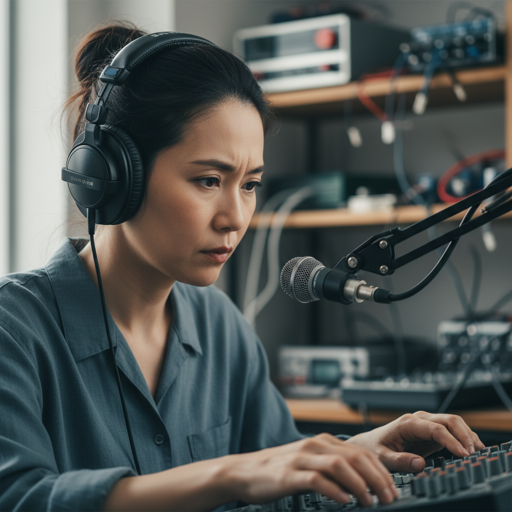 Dr. Yuki Tanaka, a focused Japanese woman researcher in her 40s with audio equipment visible