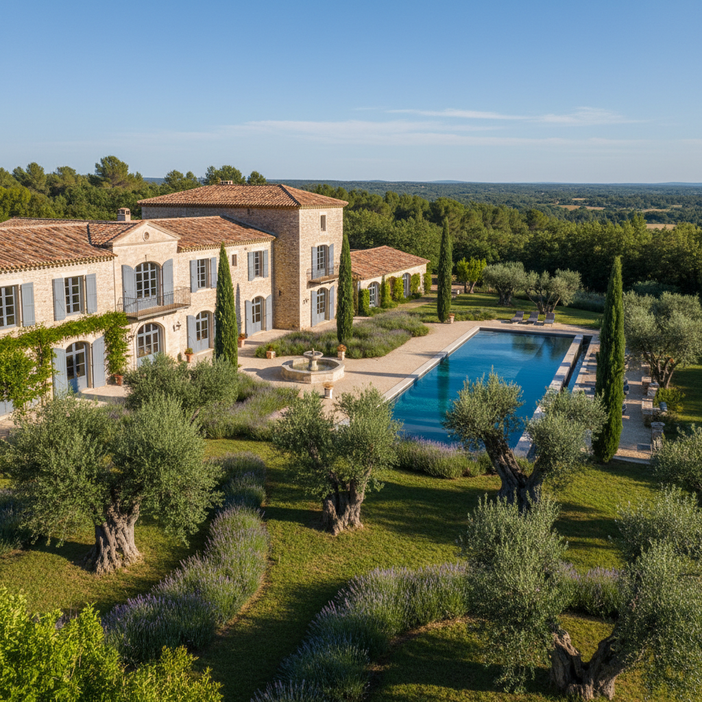 Domaine provençal luxueux avec parc arboré, piscine à débordement, architecture traditionnelle rénovée