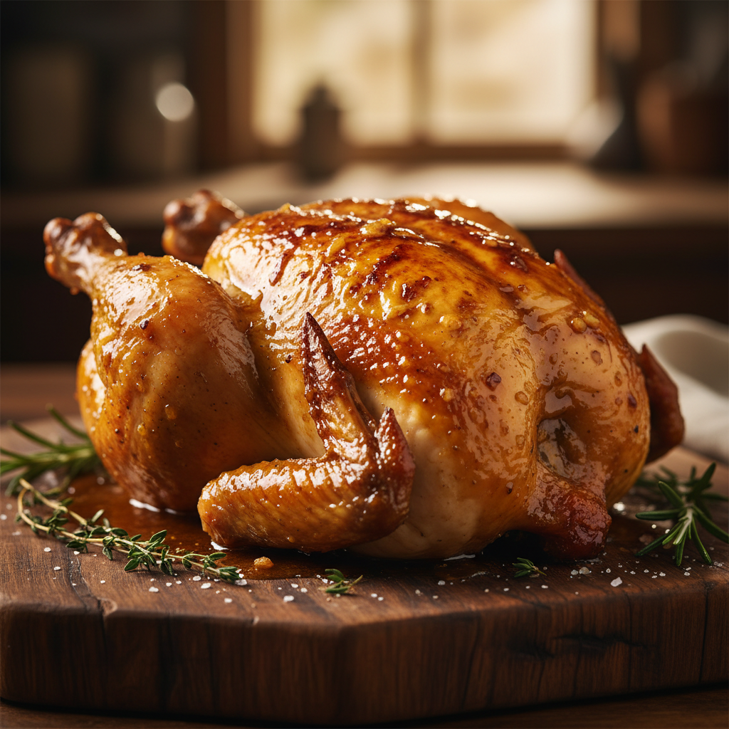 Golden roast chicken with miso butter glaze on wooden board