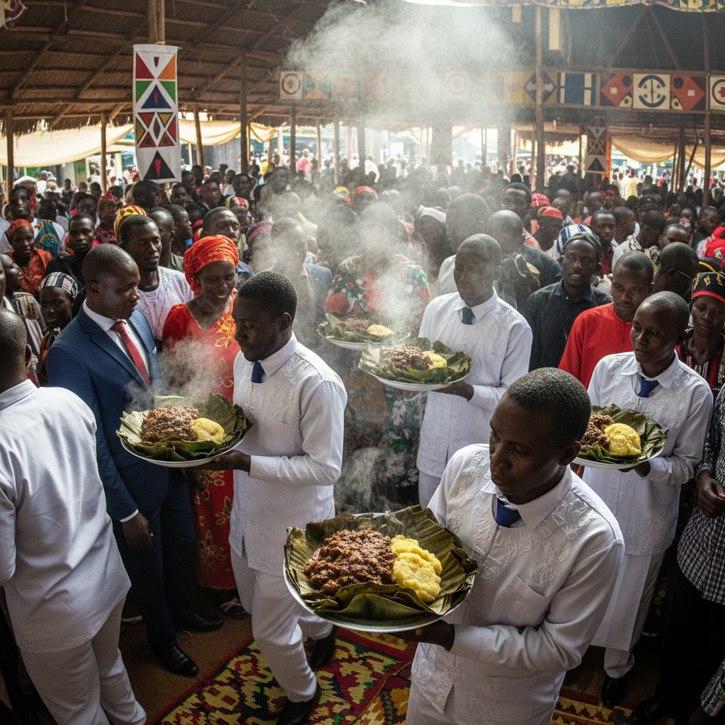 Steaming plates of luwombo and matoke being carried through a crowded ceremony by servers in white