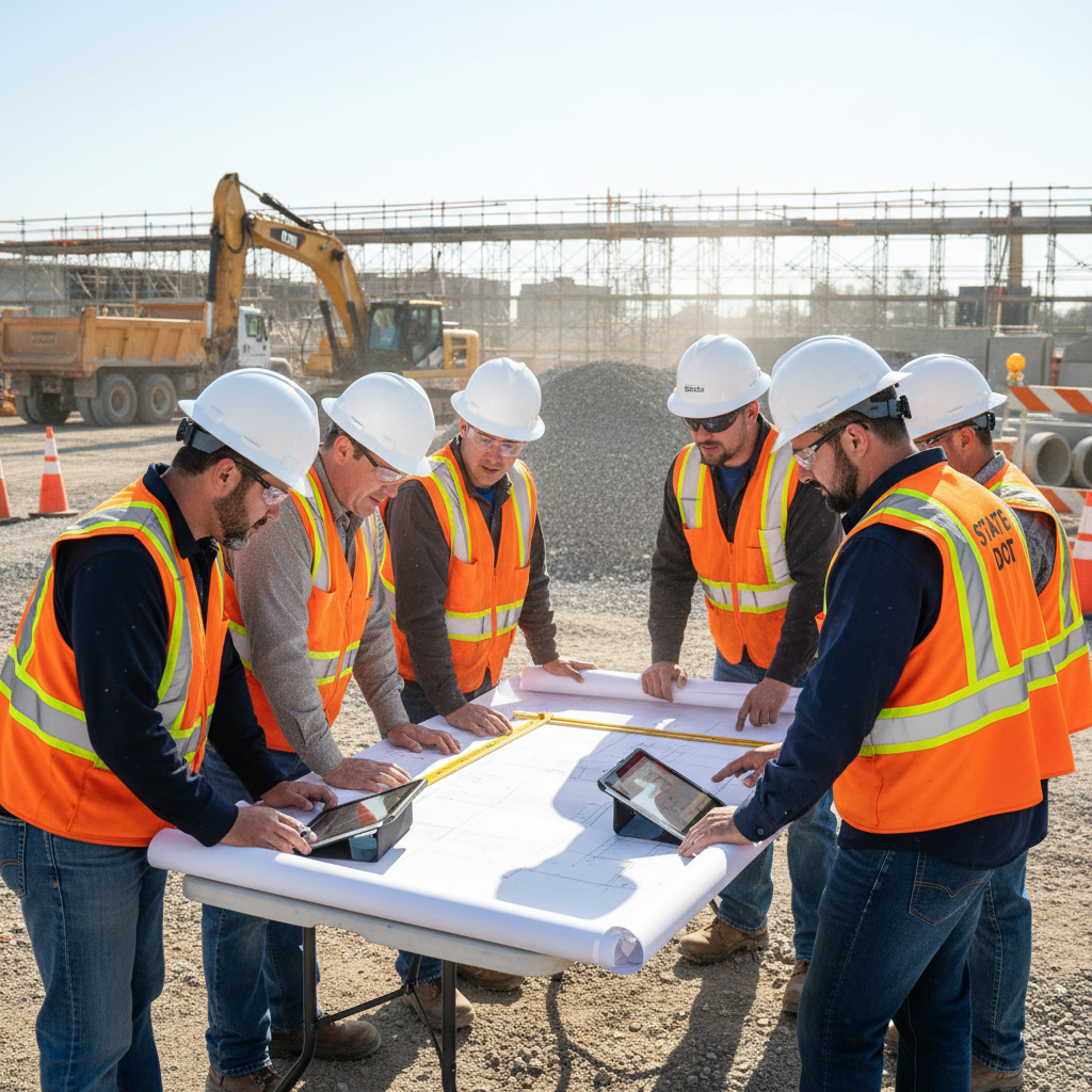 State DOT workers reviewing infrastructure plans at a field site, safety vests, collaborative and engaged