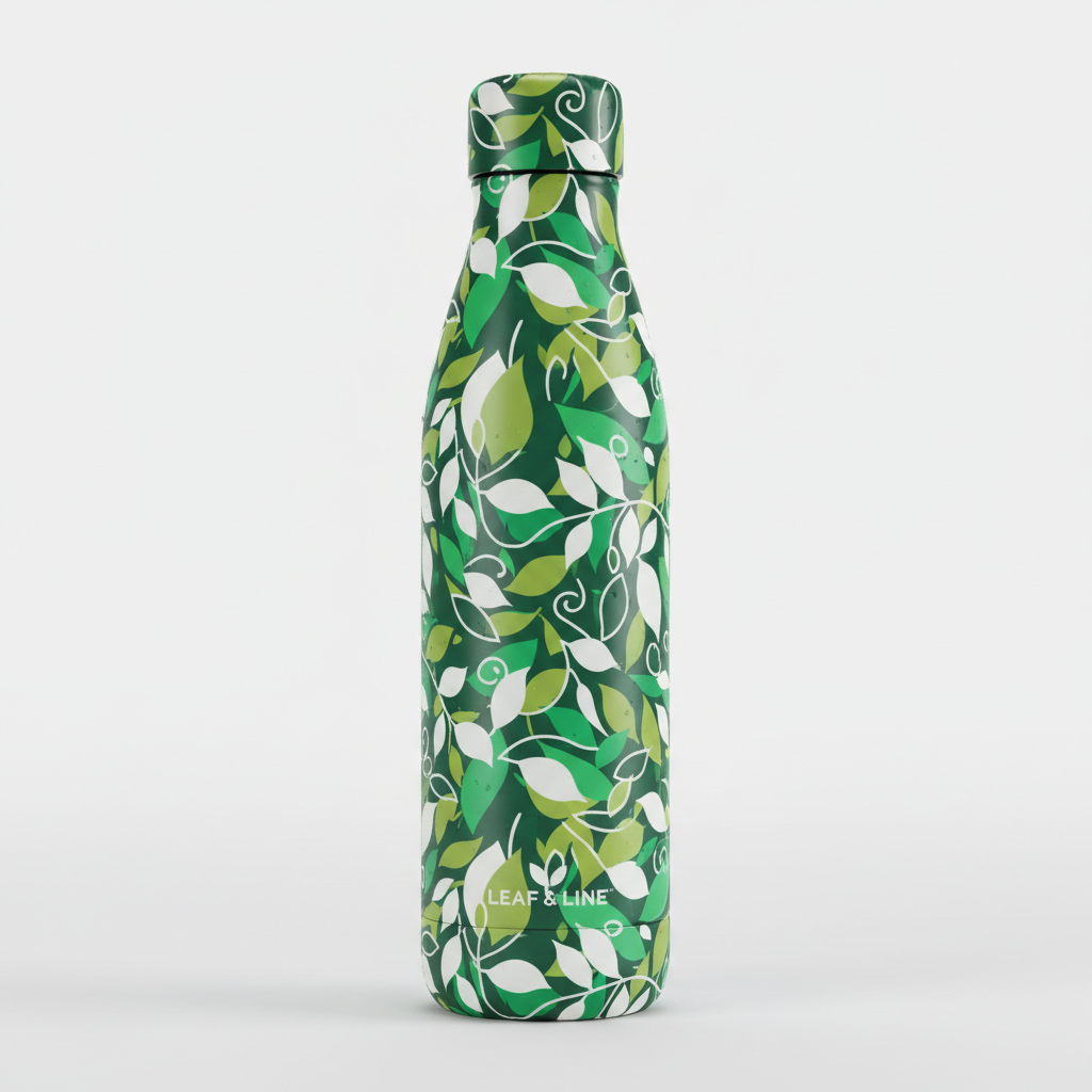 Custom printed insulated bottle with abstract botanical leaf pattern in green and white