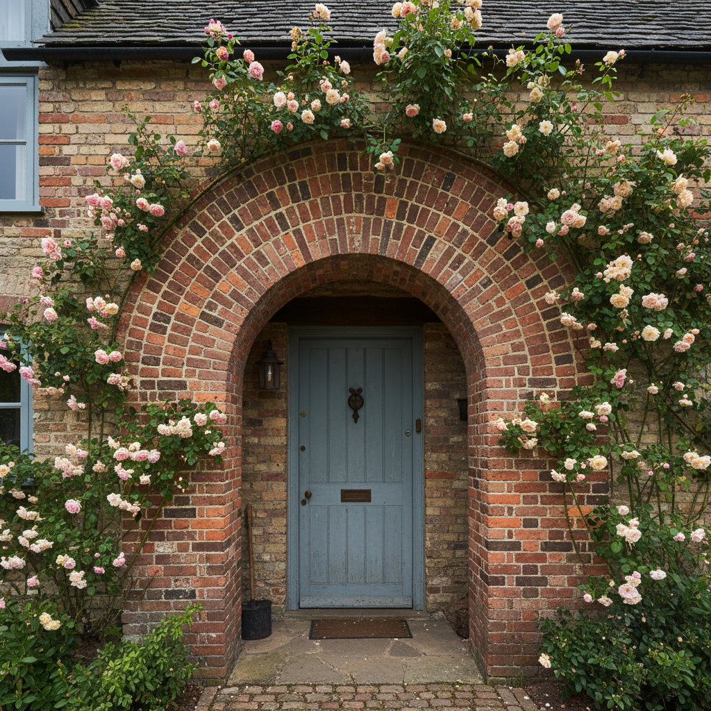 Brick arch over a cottage doorway, hand-made bricks with iron flecks and natural colour variation, climbing roses alongside