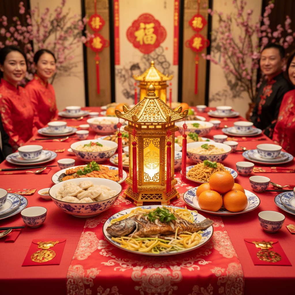 Curated Lunar New Year banquet table with red silk runner and gold lantern centerpiece